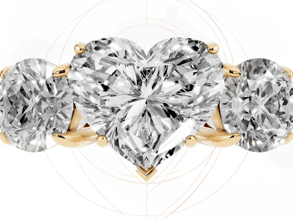 Three-Stone Heart Cut Cut Diamond Ring with Round Accent Stones, Prong Setting, and Classic Band Yellow gold