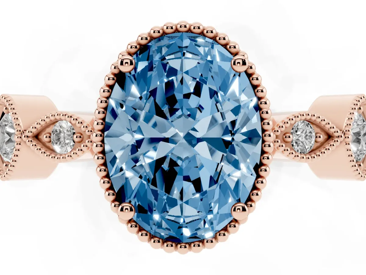 Fancy Blue Oval Cut Diamond Vintage Milgrain Ring with Round Stations Rose gold