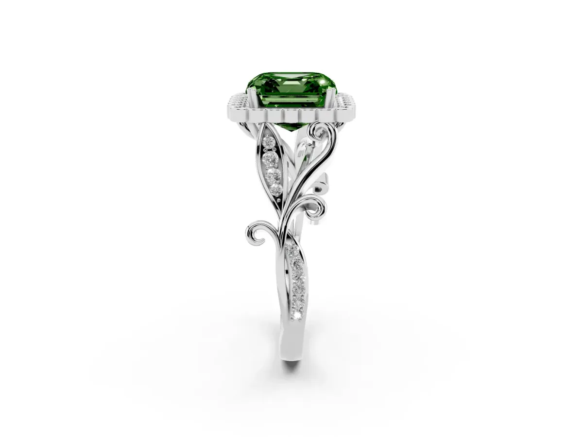 Fancy Green Asscher Cut Diamond Halo Ring with Vintage Split Shank and Four-Prong Setting Silver