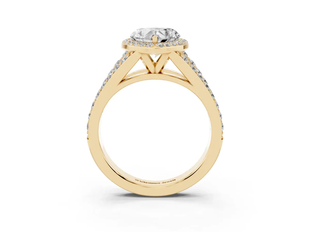 Heart Cut Diamond Split Shank Halo Ring with Four-Prong Setting Yellow gold