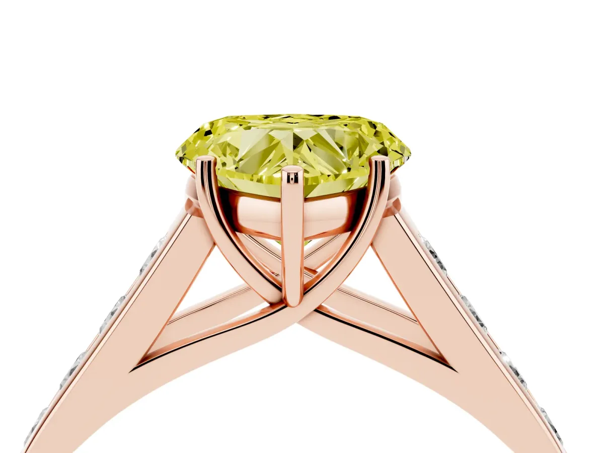 Fancy Yellow Heart Cut Brilliant Channel-Set Solitaire Ring with Four-Prong Setting Rose gold