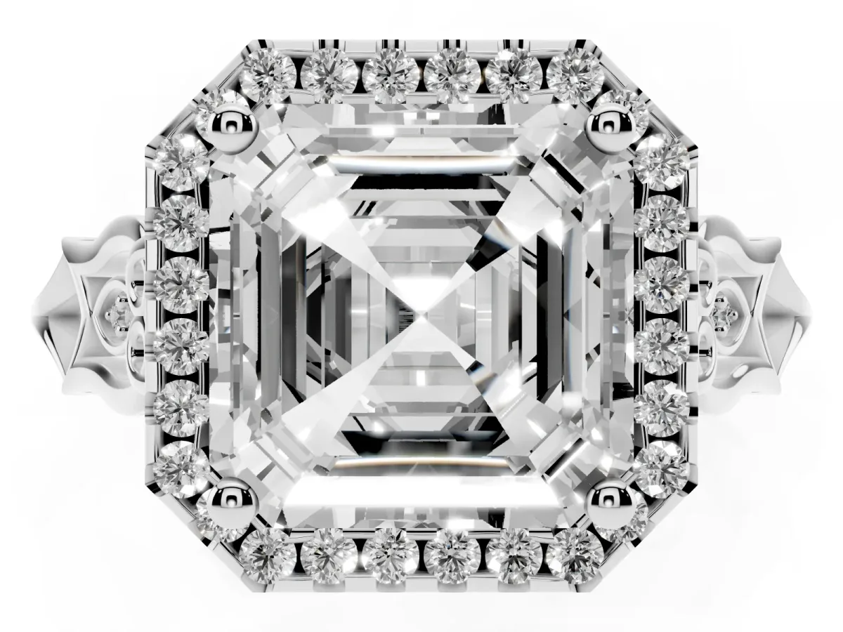 Asscher Cut Halo Diamond Engagement Ring with Filigree Band and Four-Prong Setting Platinum