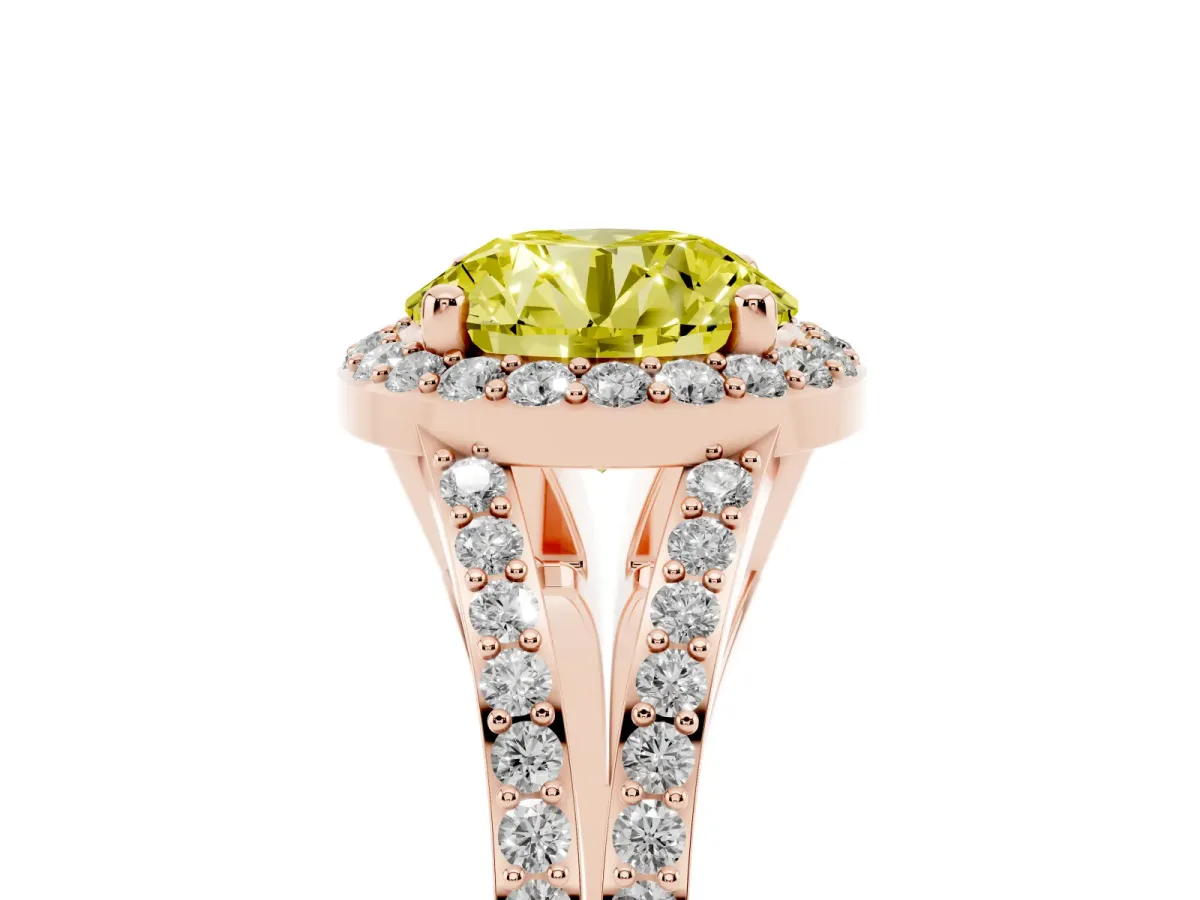 Fancy Yellow Round Cut Halo Split Shank Diamond Ring with Prong Setting Rose gold