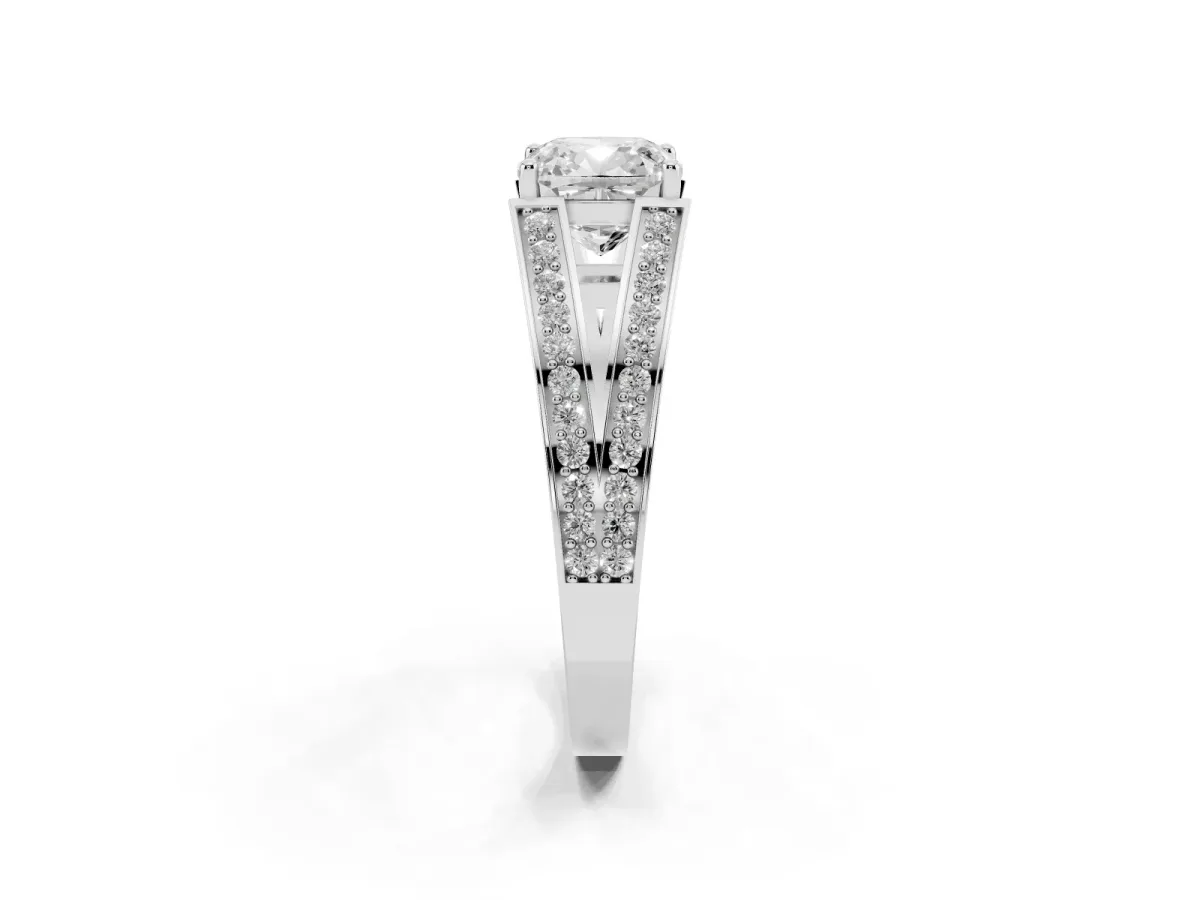 Cushion Cut Diamond Split Shank Ring with Pavé Band and Four-Prong Setting Silver