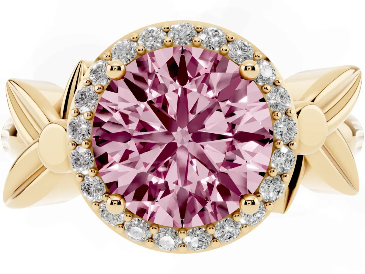 Fancy Pink Round Cut Halo Diamond Floral Band with Four-Prong Setting Yellow gold