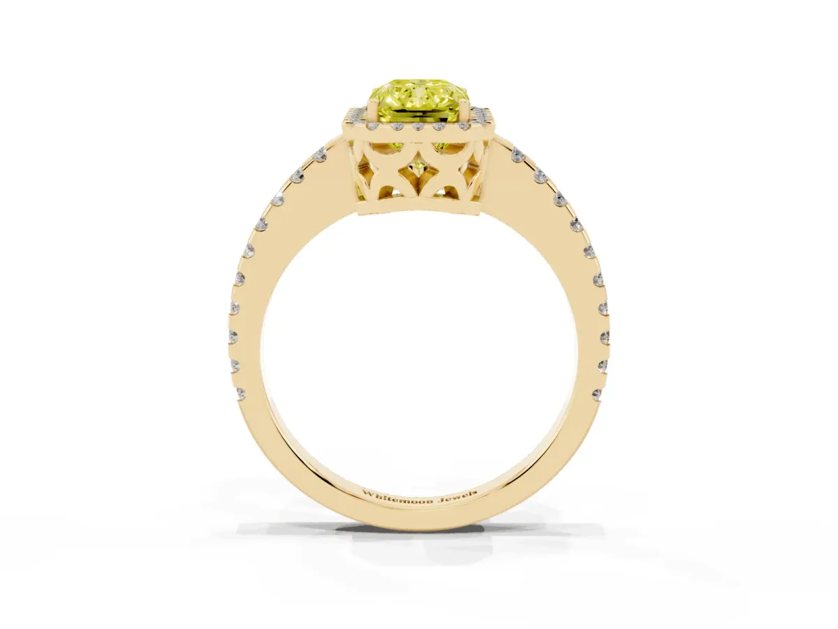 Fancy Yellow Radiant Cut Diamond Halo Engagement Ring with Pavé Band and Prong Setting Yellow gold