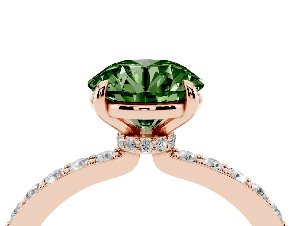 Fancy Green Round Cut Diamond Pavé Engagement Ring with Round Accents and Prong Setting Rose gold