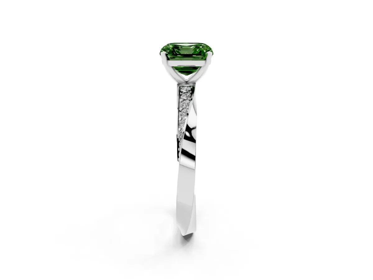 Fancy Green Asscher Cut Diamond Engagement Ring with Side Stone Accents and Four-Prong Setting Platinum