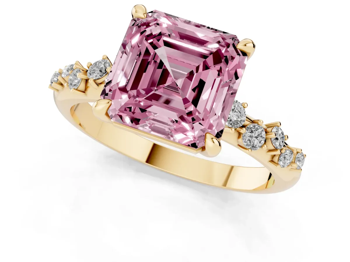 Fancy Pink Asscher Cut Cut Diamond Vine Band with Four-Prong Setting Yellow gold