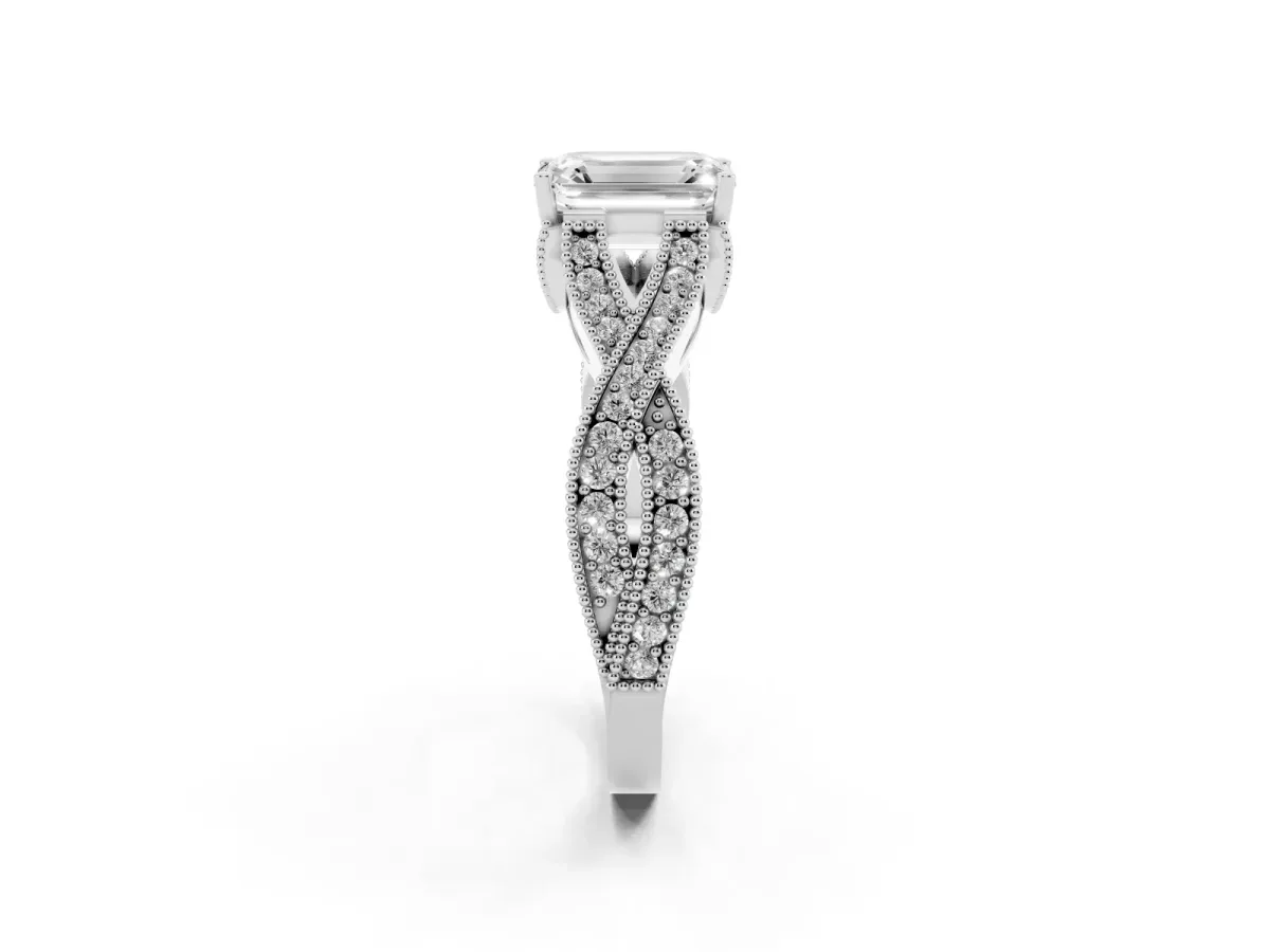 Emerald Cut Cut Diamond Twisted Band with Milgrain Pave Setting and Four-Prong Setting Silver