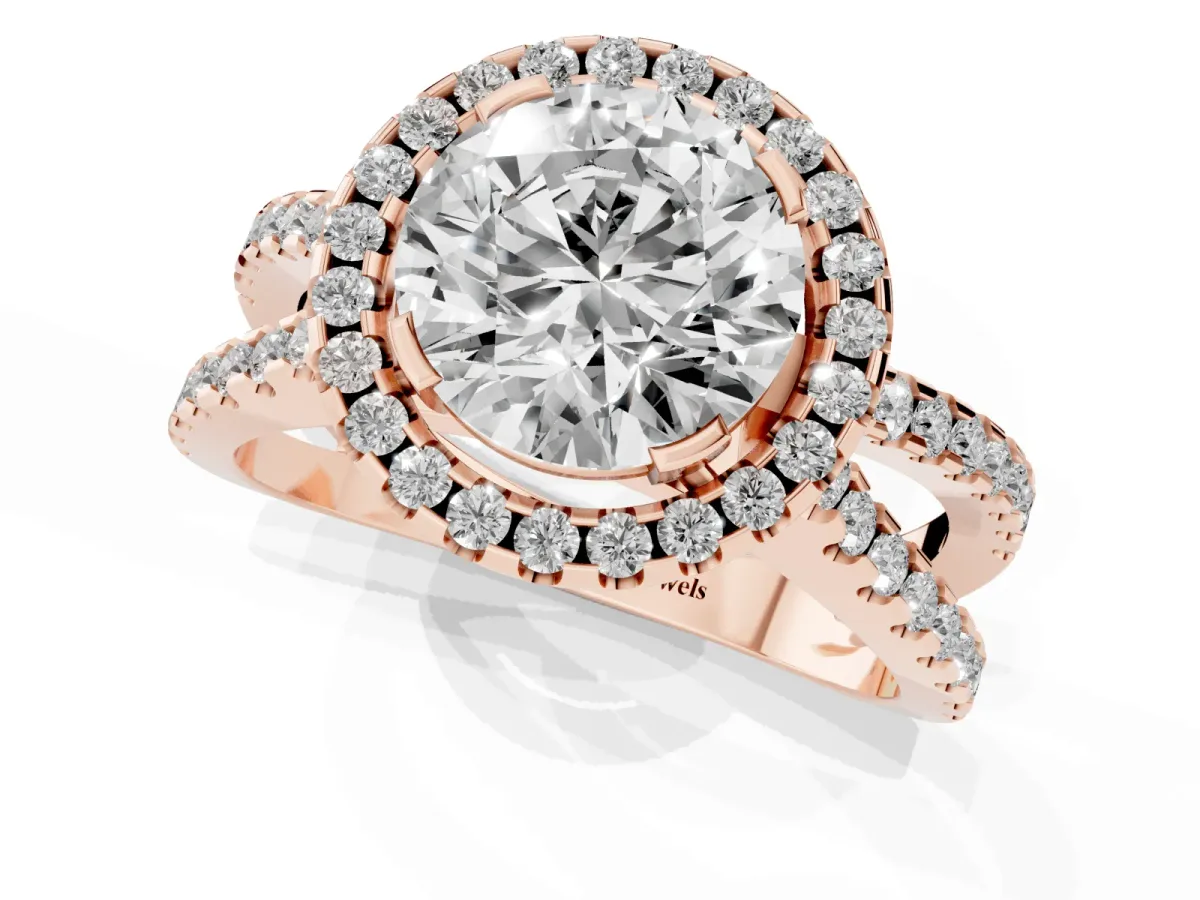 Round Cut Diamond Halo Ring with Split Shank Pavé Band and Prong Setting Rose gold