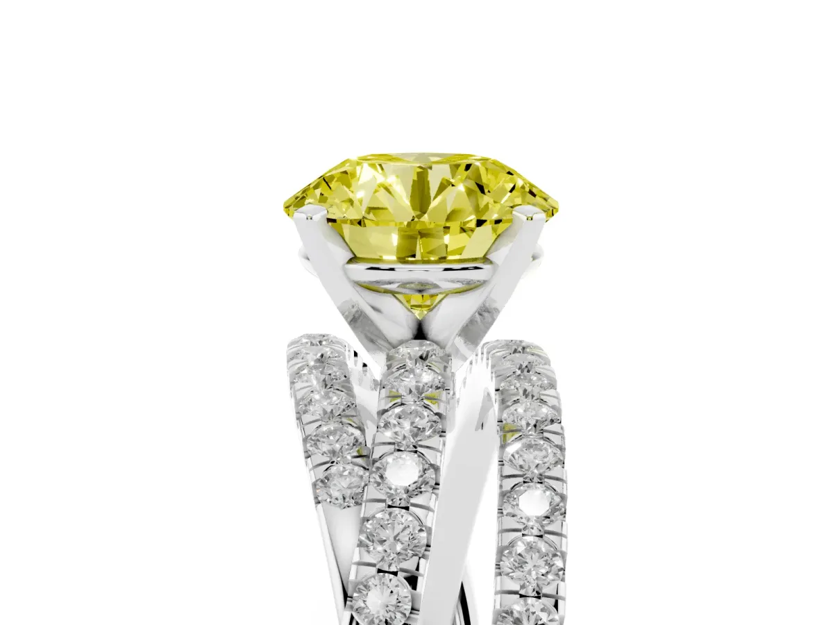 Fancy Yellow Round Cut Solitaire Twist Band with Pavé Setting and Four-Prong Setting Silver