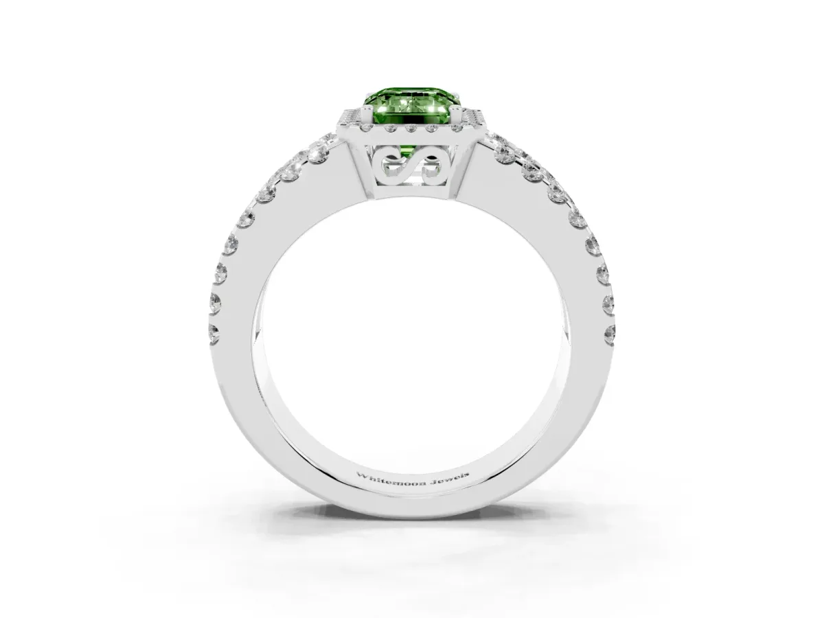 Fancy Green Emerald Cut Cut Halo Split Shank Diamond Ring with Four-Prong Setting Platinum