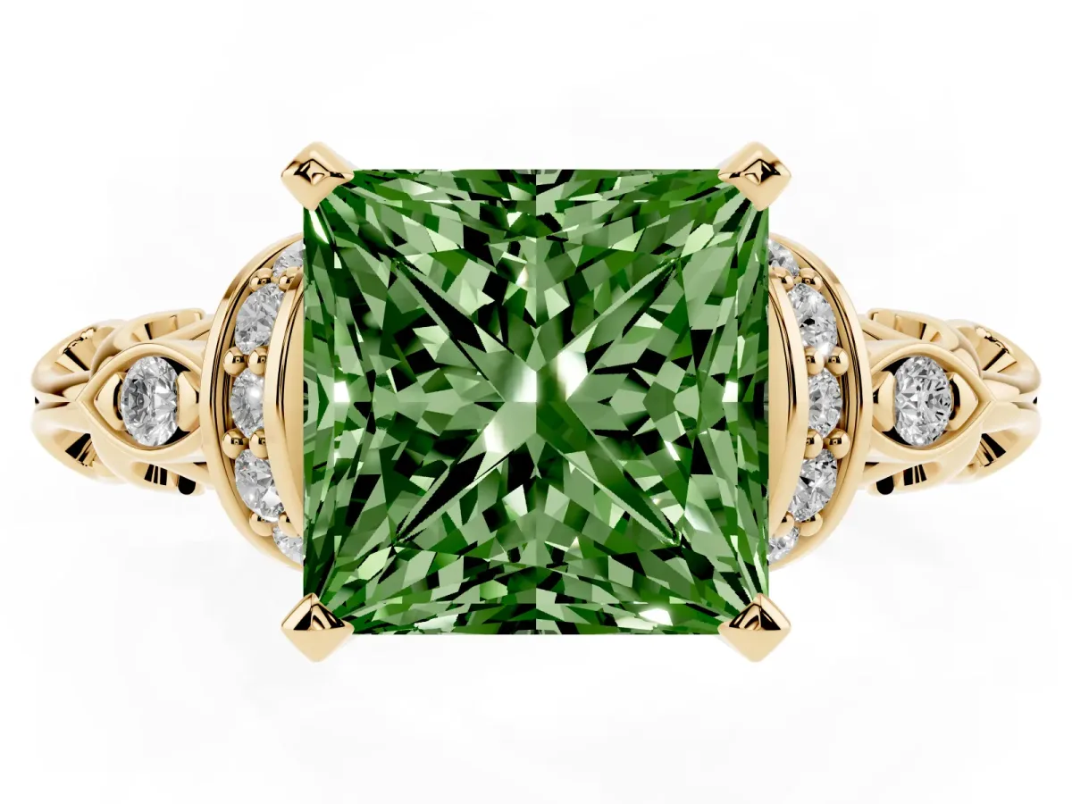 Fancy Green Princess Cut Diamond Solitaire Ring with Filigree Band and Four-Prong Setting Yellow gold