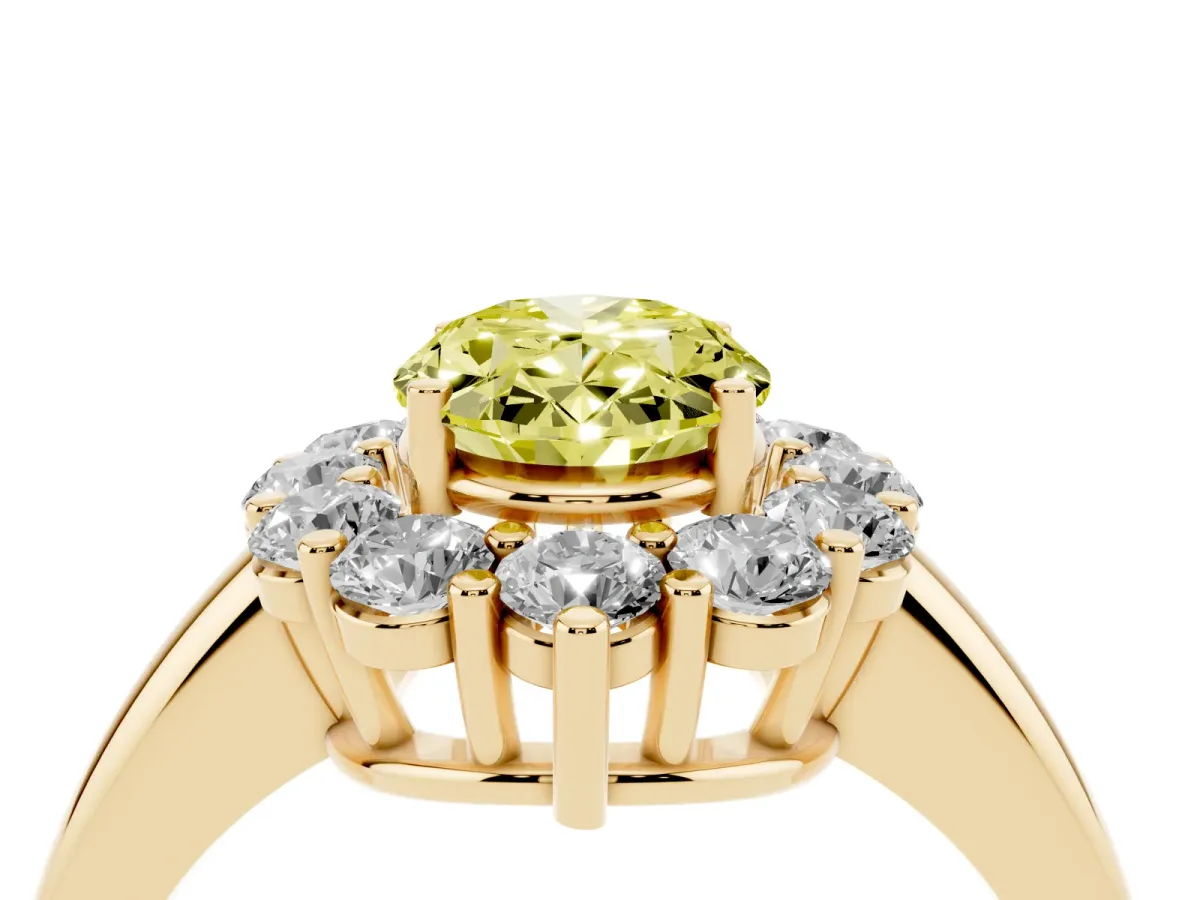 Fancy Yellow Oval Cut Halo Cluster Diamond Engagement Ring with Prong Setting and Polished Band Yellow gold