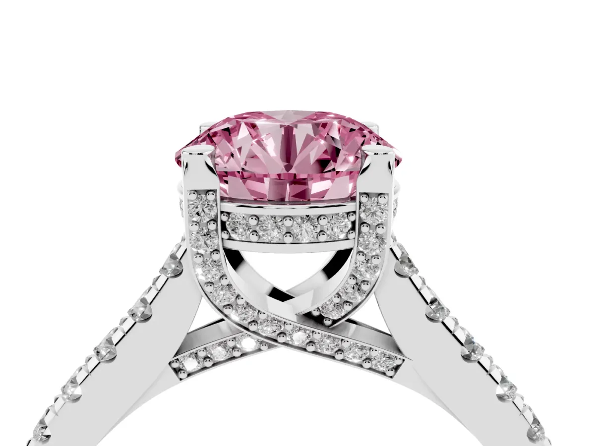 Fancy Pink Round Cut Brilliant Diamond Solitaire with Pavé Band and Four-Prong Setting White gold