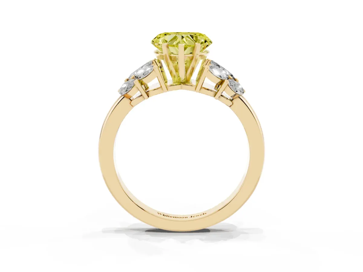 Fancy Yellow Heart Cut Diamond Cluster Leaf Design Ring with Prong Setting Yellow gold