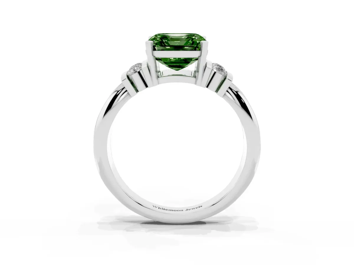 Fancy Green Asscher Cut Cut Three-Stone Channel Set Ring with Bar Prongs Silver
