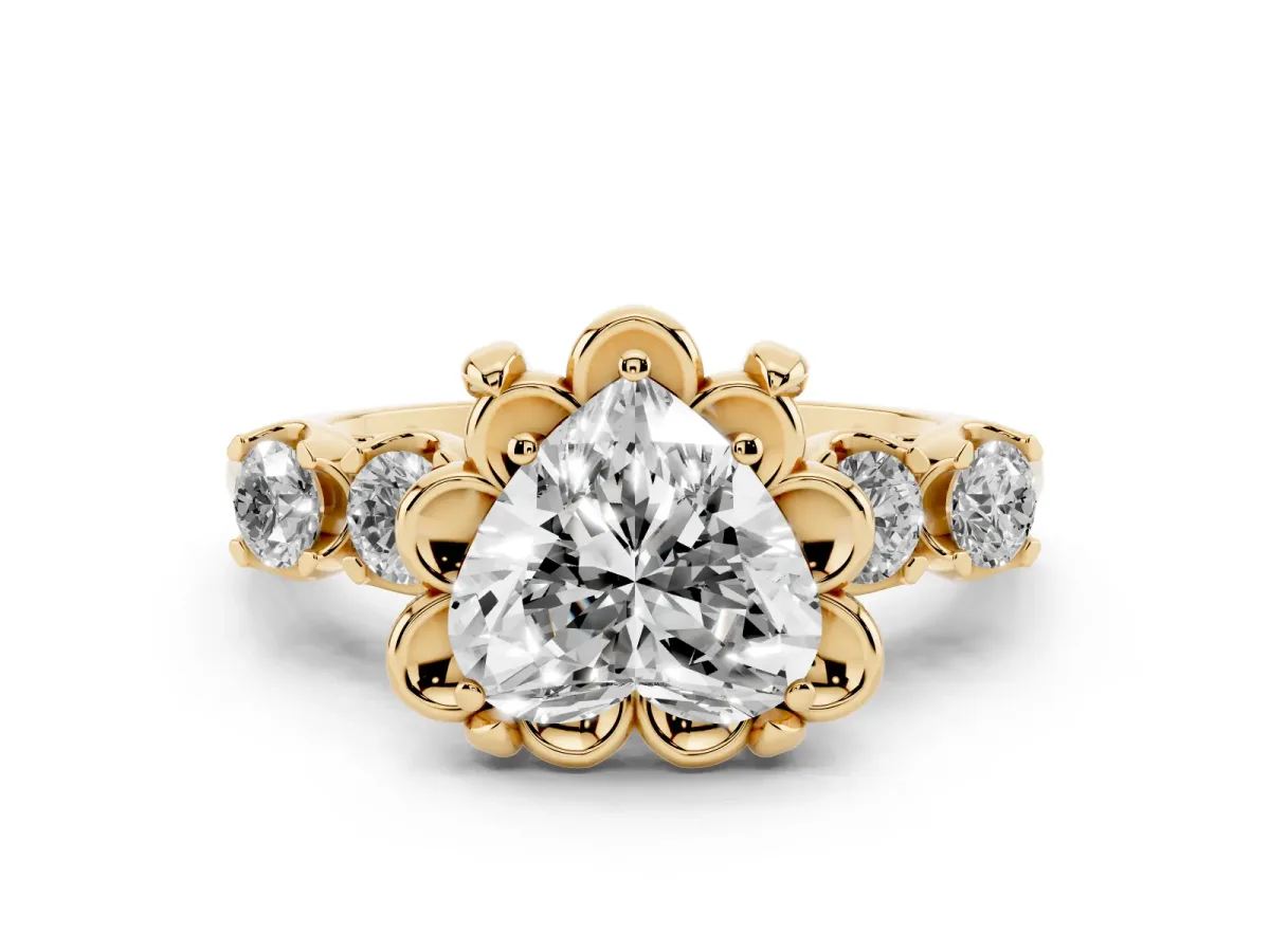 Heart Cut Cut Diamond Floral Halo Engagement Ring with Shared Prong Setting Yellow gold