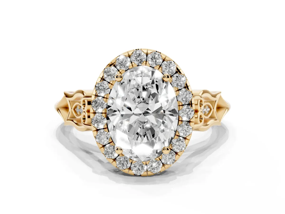 Oval Cut Halo Diamond Engagement Ring with Filigree Band and Four-Prong Setting Yellow gold
