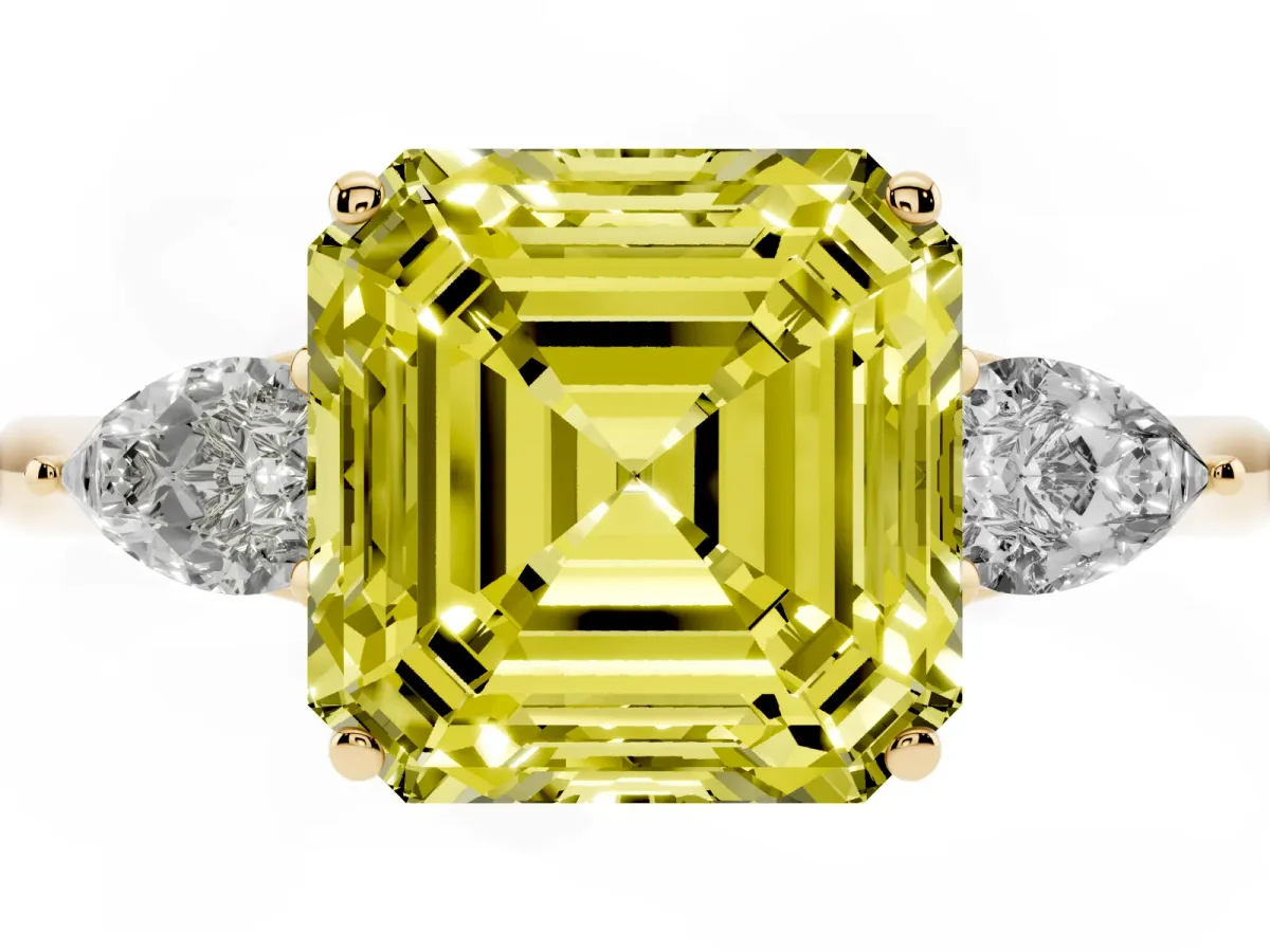 Fancy Yellow Three-Stone Asscher Cut Diamond Ring with Pear Side Stones in Four-Prong Setting Yellow gold