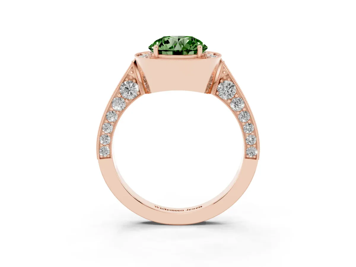 Fancy Green Round Cut Halo Diamond Engagement Ring with Split Shank Band and Four-Prong Setting Rose gold