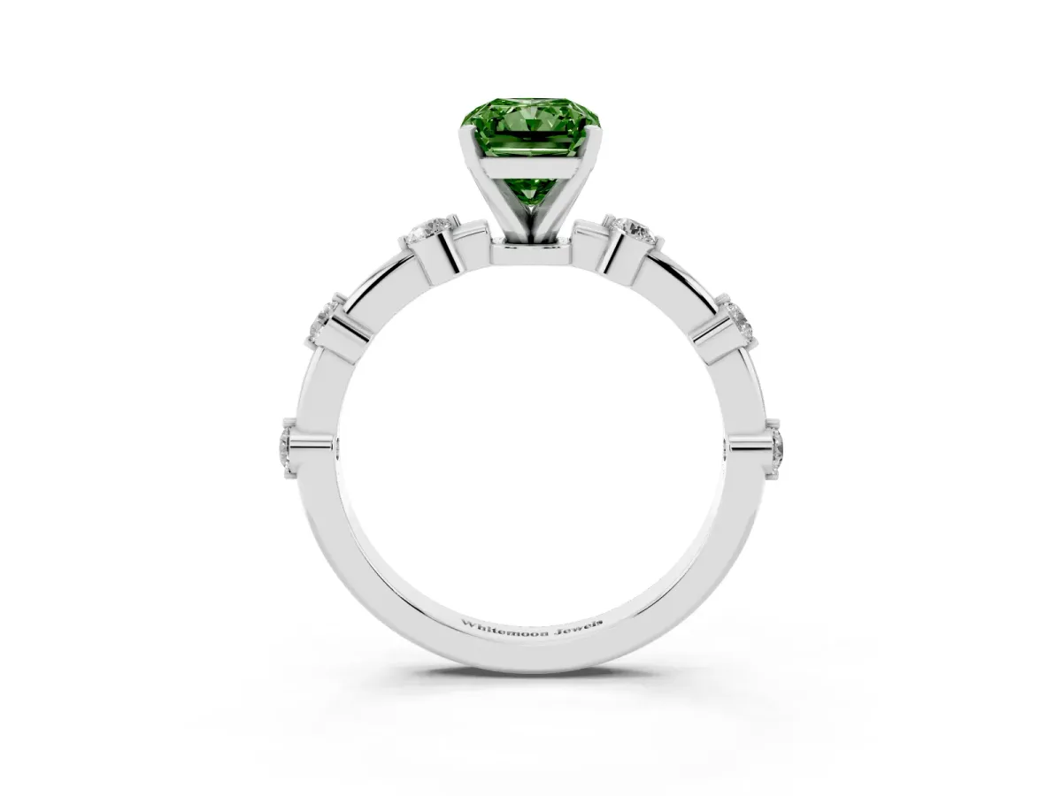 Fancy Green Radiant Cut Solitaire Diamond Ring with Bezel Set Side Stones and Prong Setting Silver