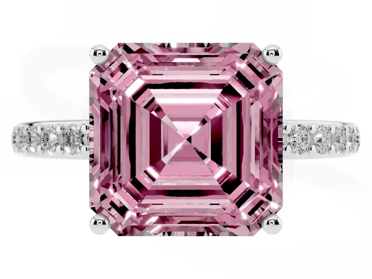 Fancy Pink Asscher Cut Cut Diamond Pavé Band Ring with Four-Prong Setting Platinum