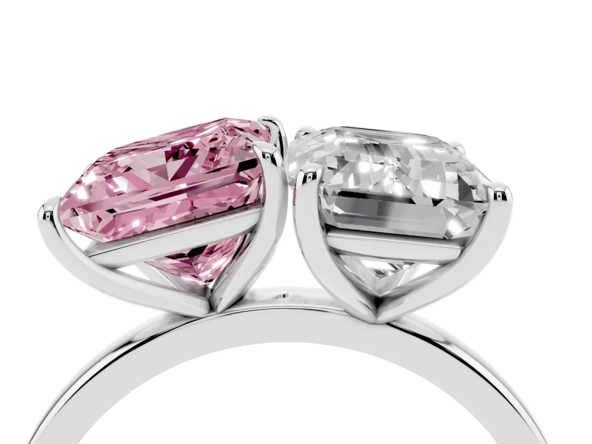 Fancy Pink Princess Cut and Emerald Cut Toi Moi Ring with Prong Setting Silver