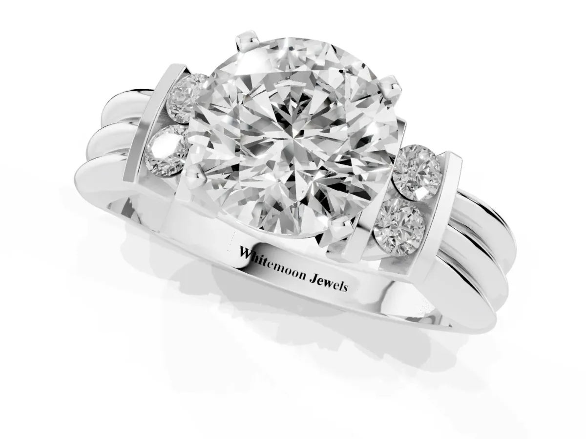 Round Cut Cut Three-Stone Channel Set Ring with Bar Prongs Silver
