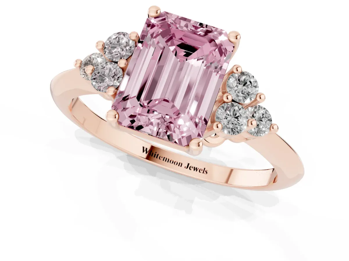 Fancy Pink Emerald Cut Cut Diamond Cluster Ring with Solitaire Band and Four-Prong Setting Rose gold