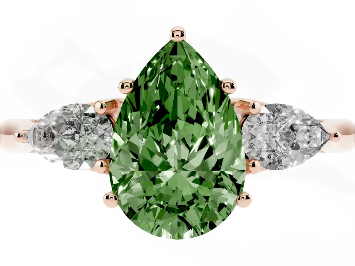 Fancy Green Three-Stone Pear Cut Brilliant Diamond Solitaire Ring with Tapered Band and Four-Prong Setting Rose gold