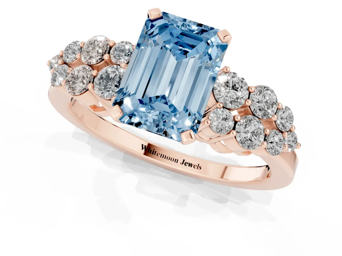 Fancy Blue Emerald Cut Cluster Diamond Engagement Ring with Pavé Band and Four-Prong Setting Rose gold