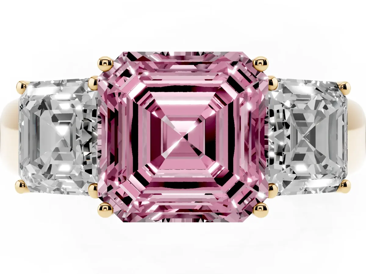 Fancy Pink Three-Stone Asscher Cut Cut Diamond Ring with Prong Setting and Classic Band Yellow gold