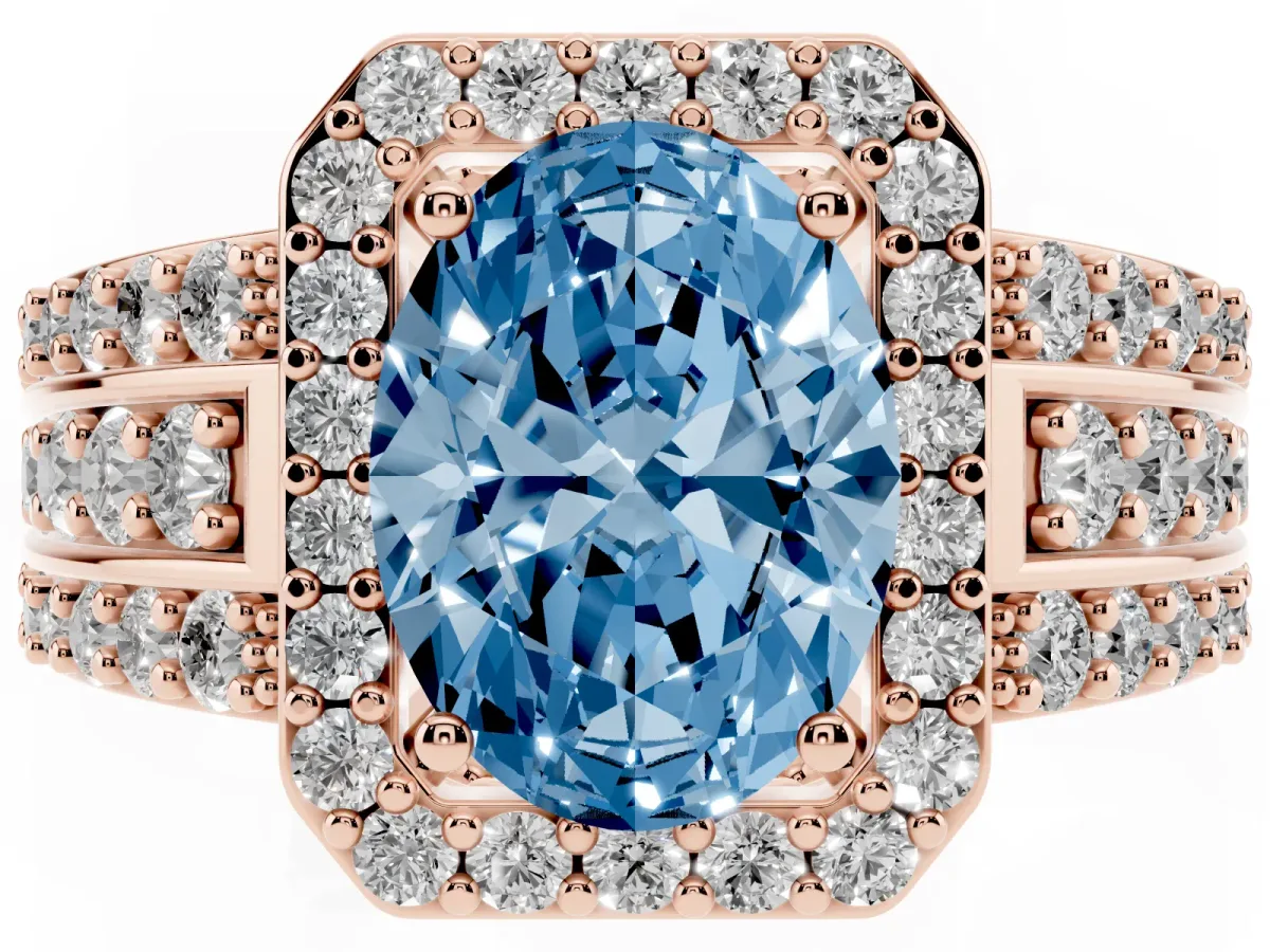 Fancy Blue Oval Cut Halo Diamond Ring with Round Split Shank and Prong Setting Rose gold