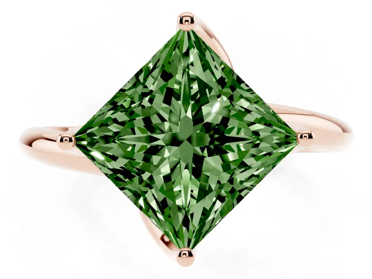 Fancy Green Princess Cut Diamond Solitaire Engagement Ring with Four-Prong Setting and Classic Band Rose gold