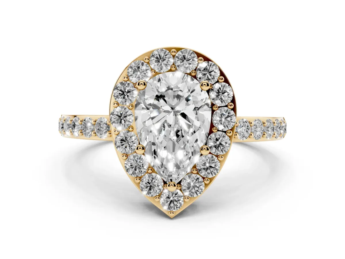 Pear Cut Halo Diamond Pavé Band Ring with Prong Setting Yellow gold