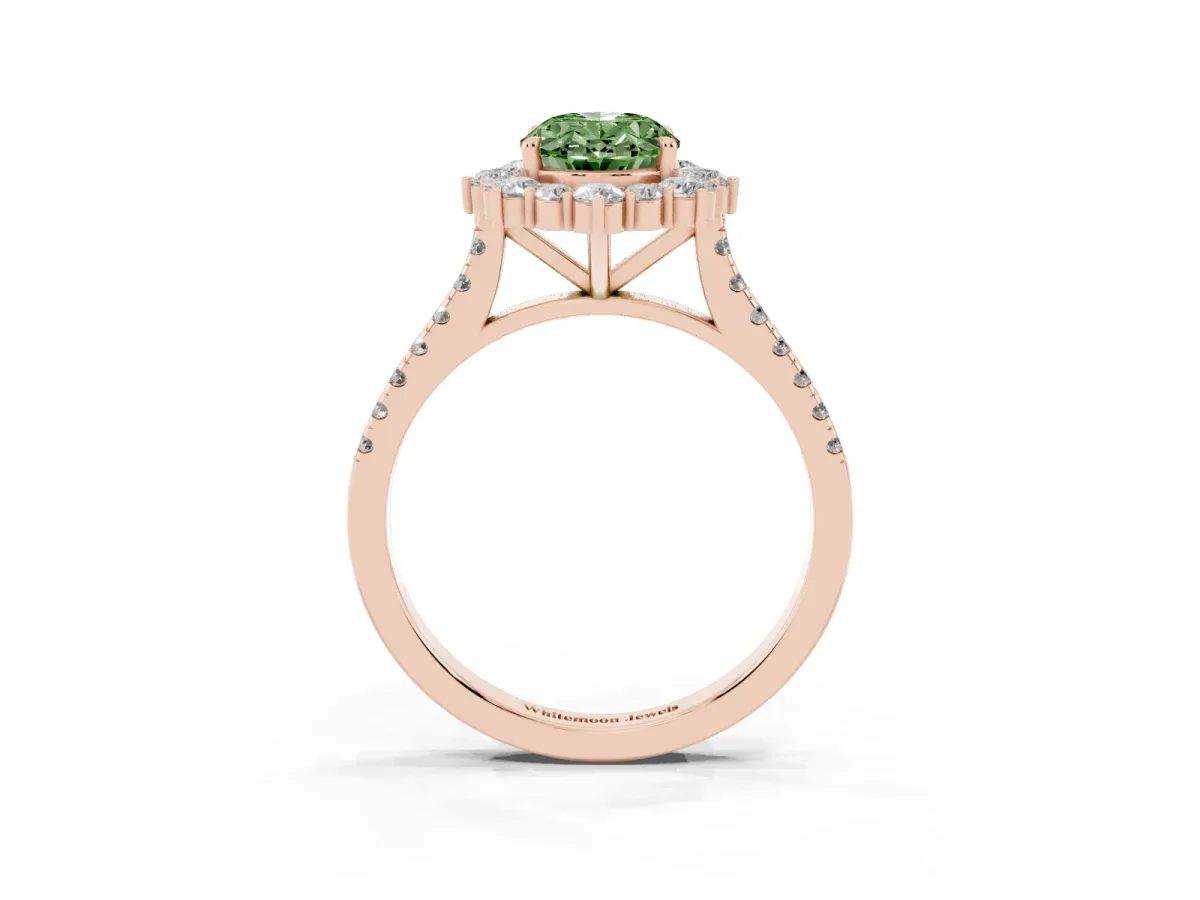 Fancy Green Oval Cut Halo Diamond Ring with Pavé Band and Prong Setting Rose gold