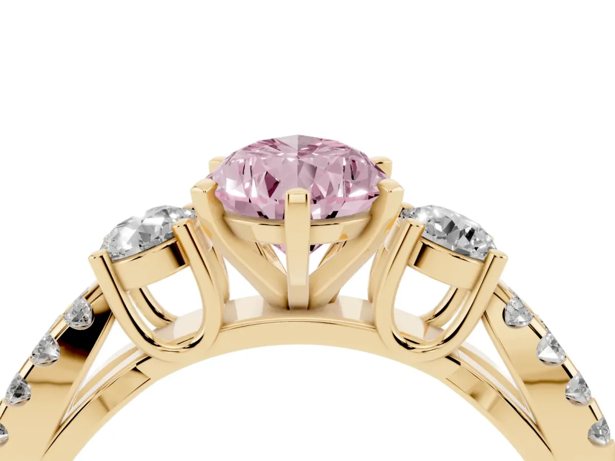 Fancy Pink Pear Cut Diamond Three-Stone Ring with Pavé Split Shank and Four-Prong Setting Yellow gold