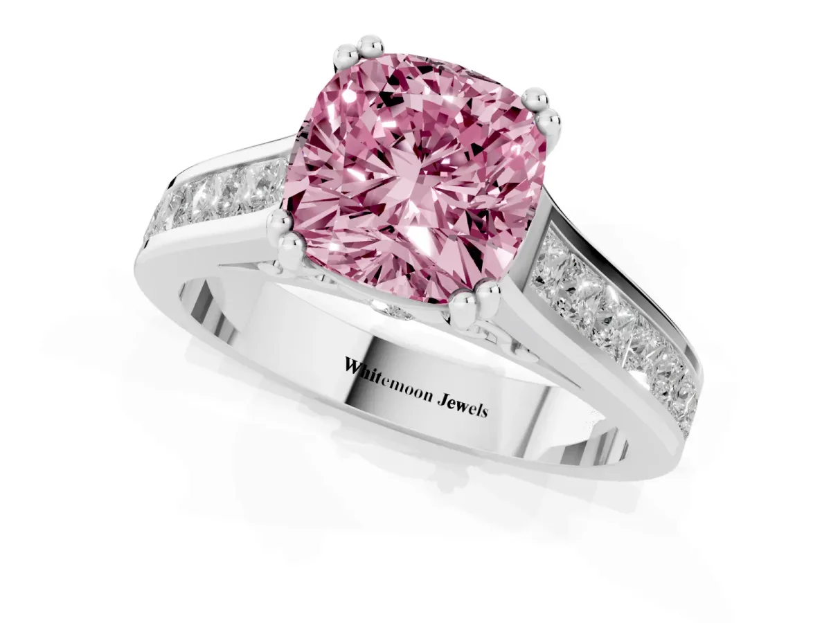 Fancy Pink Cushion Cut Cut Channel Set Solitaire Engagement Ring with Prong Setting Silver