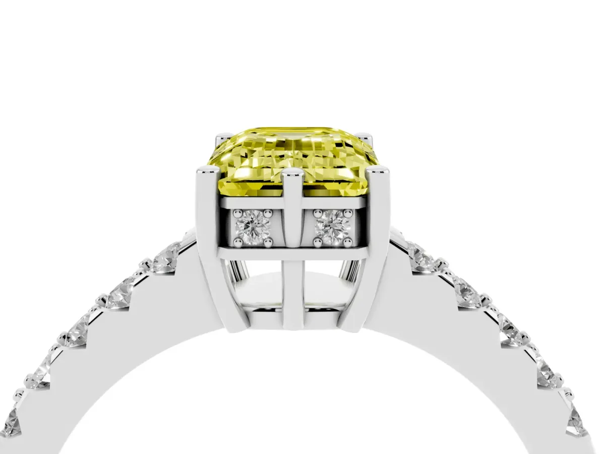 Fancy Yellow Emerald Cut Solitaire Diamond Engagement Ring with Pavé Band and Six-Prong Setting Silver