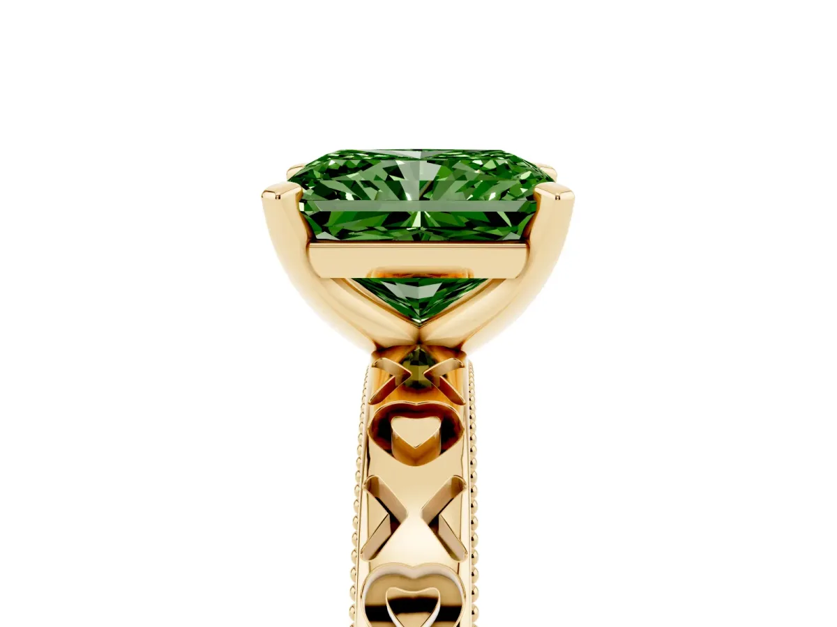 Fancy Green Radiant Cut Solitaire Diamond Engagement Ring with XO Engraved Band and Four-Prong Setting Yellow gold