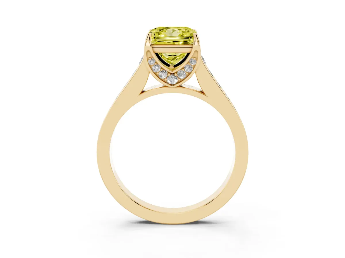 Fancy Yellow Princess Cut Brilliant Cut Diamond Engagement Ring with Pavé Band and Four-Prong Setting Yellow gold