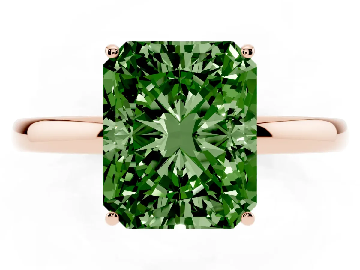 Fancy Green Radiant Cut Solitaire Diamond Ring with Prong Setting and Plain Band Rose gold