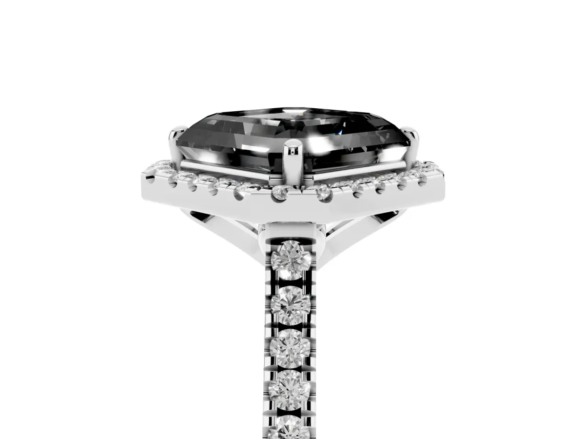 Fancy Black Asscher Cut Diamond Cushion Halo Ring with Pavé Band Platinum