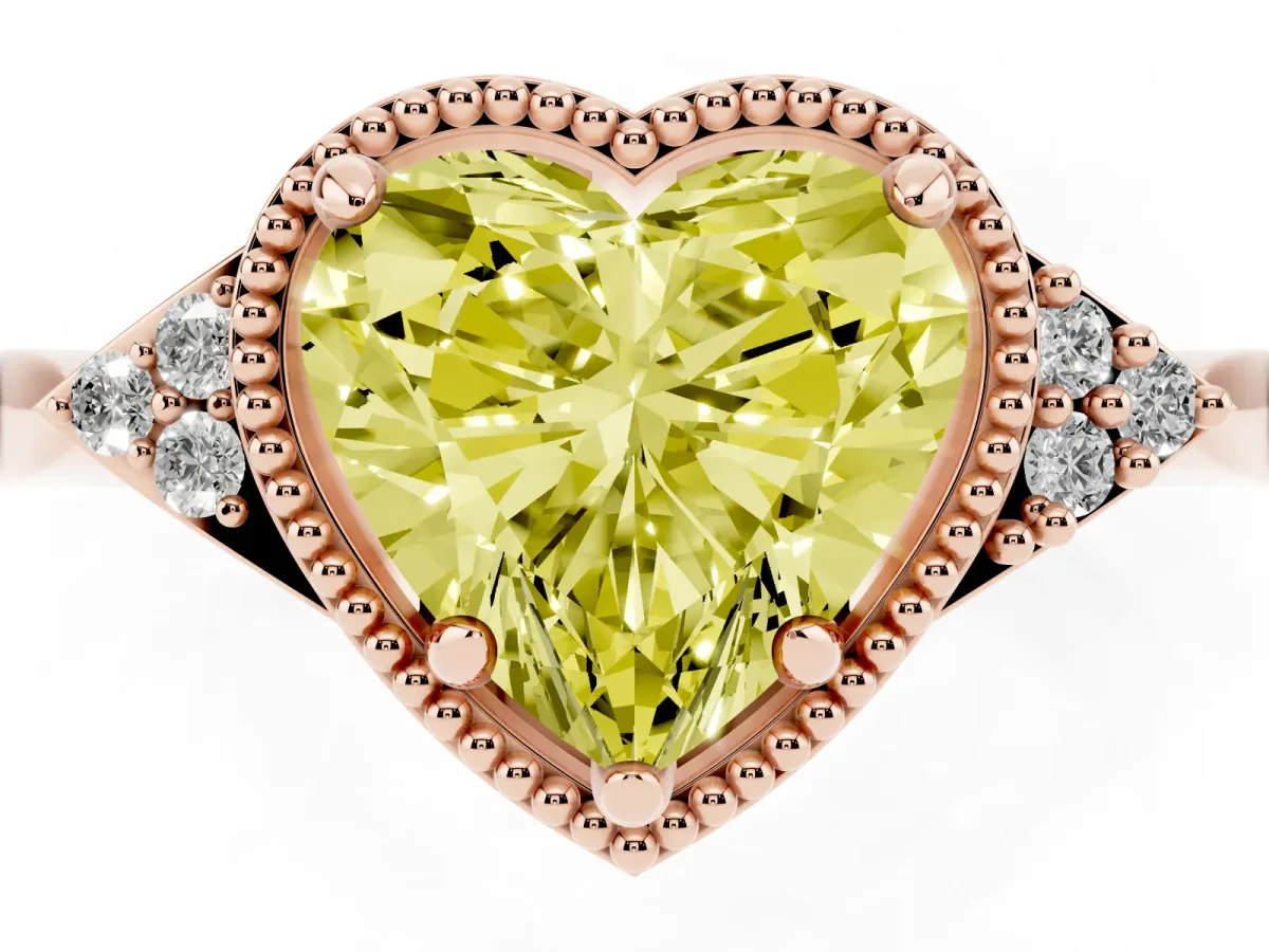 Fancy Yellow Milgrain Heart Cut Cut Diamond Ring with Tapered Pave Band and Four Prong Setting Rose gold