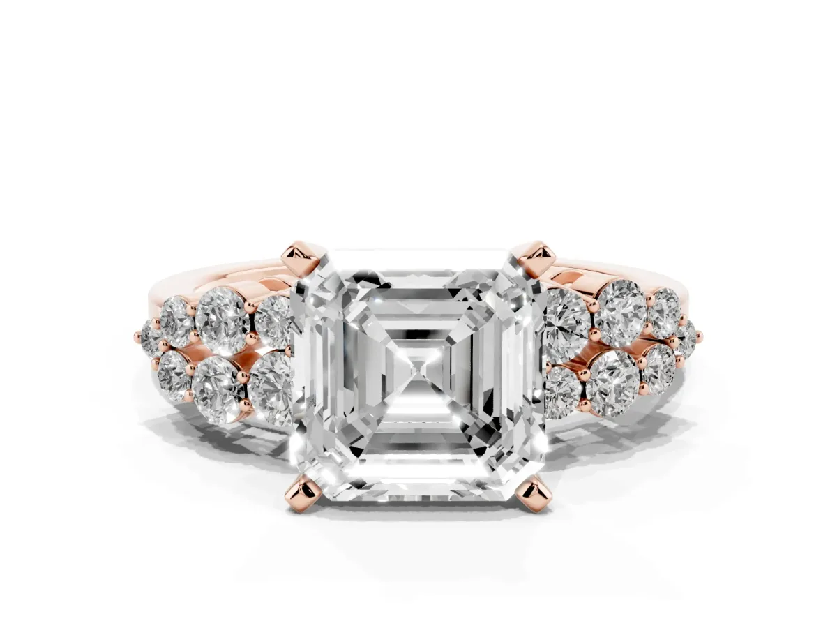 Asscher Cut Cluster Diamond Engagement Ring with Pavé Band and Four-Prong Setting Rose gold