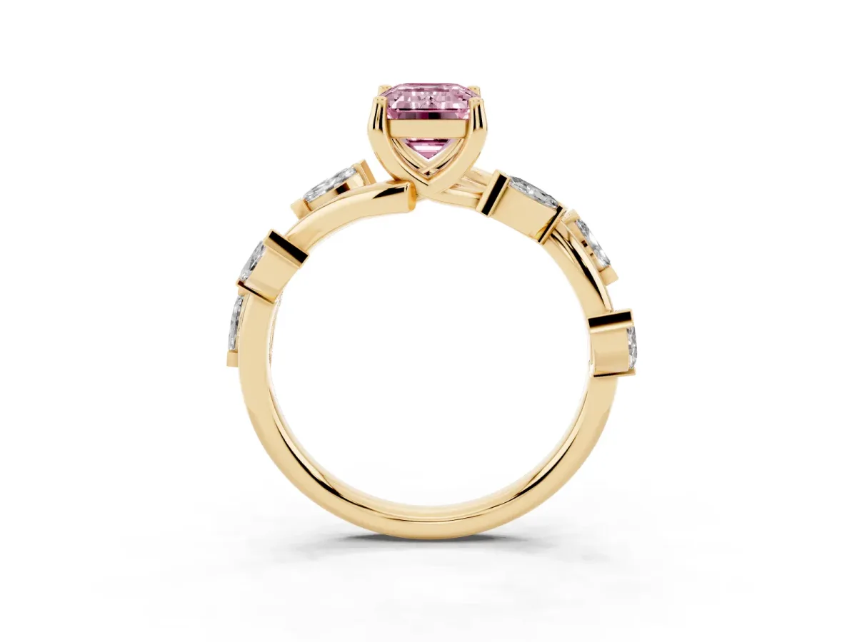 Fancy Pink Emerald Cut Solitaire Twisted Band Marquise Accent Prong Setting Ring Yellow gold