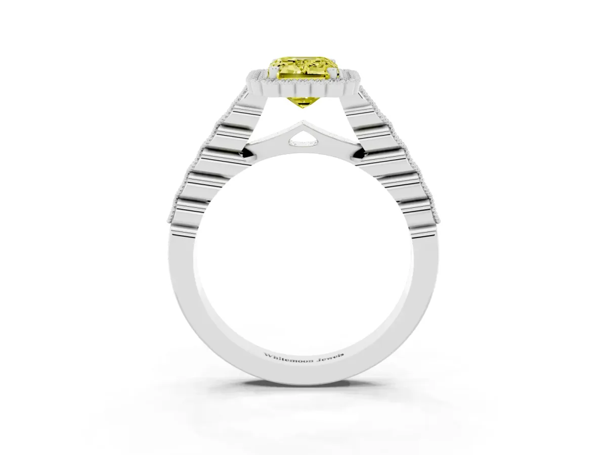 Fancy Yellow Emerald Cut Cut Halo Pavé Solitaire Ring with Milgrain Band Silver