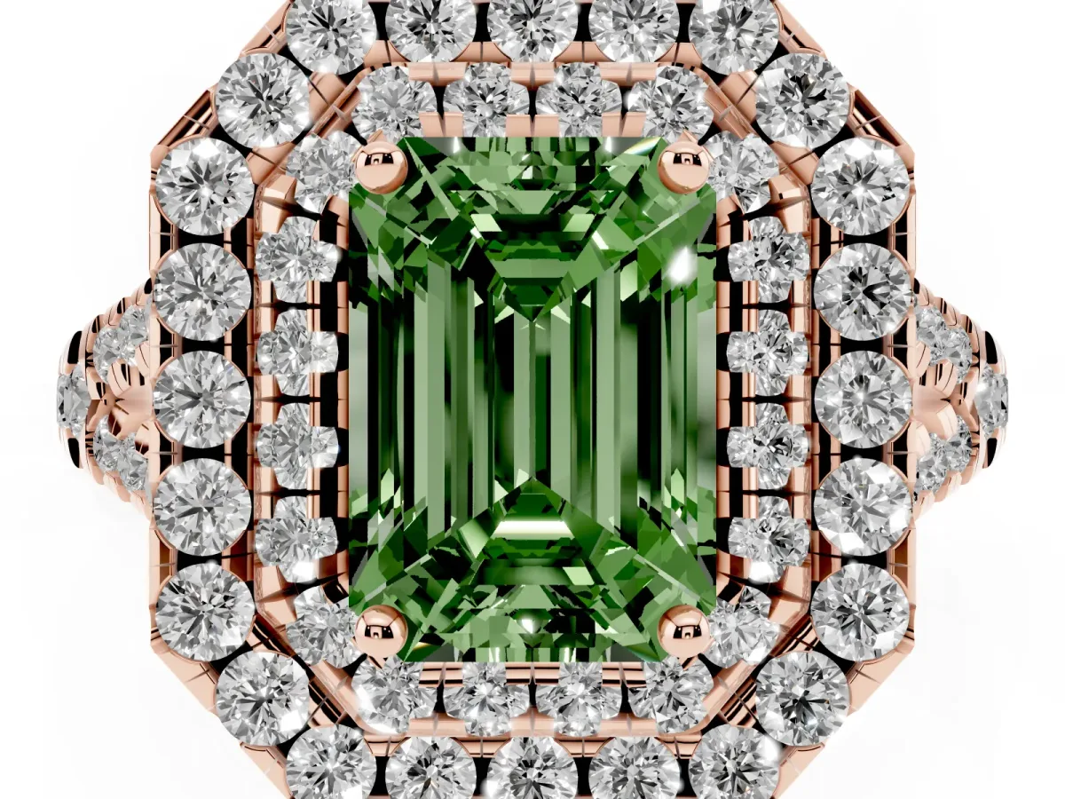 Fancy Green Double Halo Emerald Cut Diamond Pavé Split Shank Ring with Prong Setting Rose gold